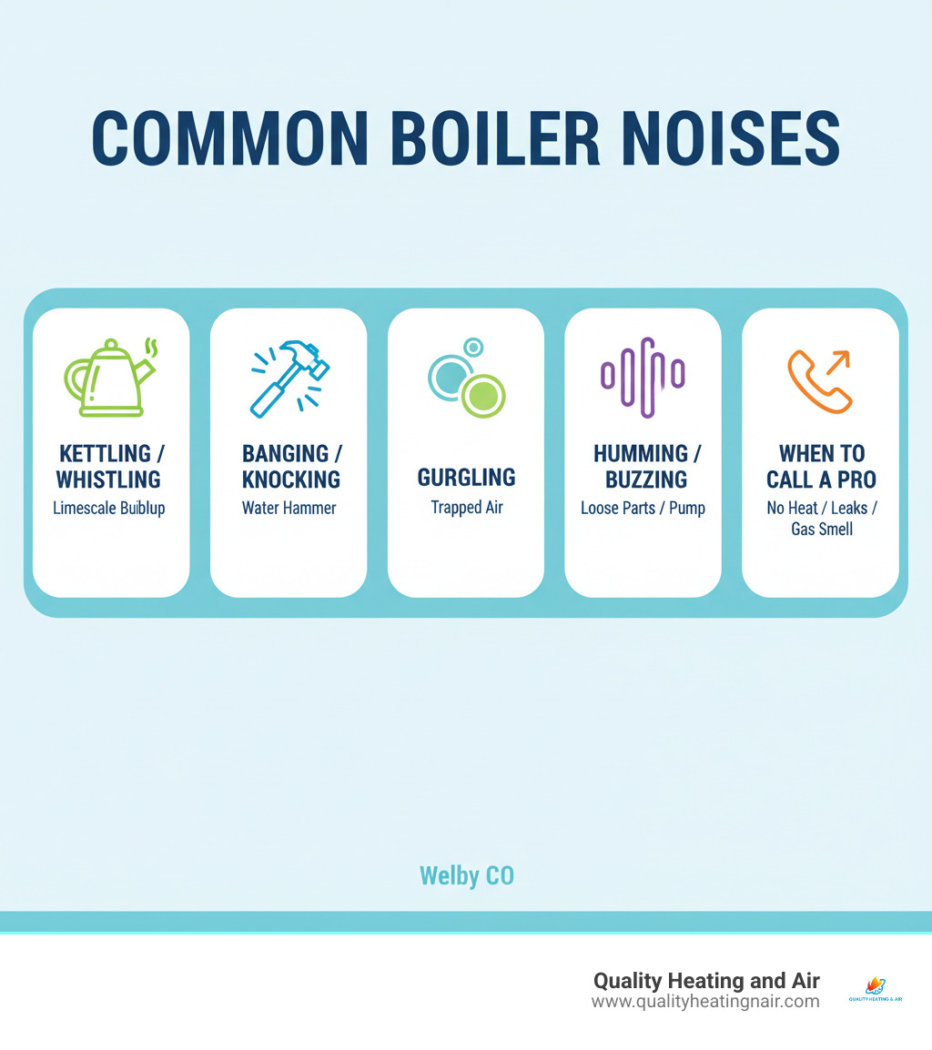 Infographic showing five common boiler noises with icons: a kettle for kettling/whistling, a hammer for banging, water bubbles for gurgling, vibration lines for humming/buzzing, and a phone icon indicating when to call a professional - boiler making noise in welby co infographic 