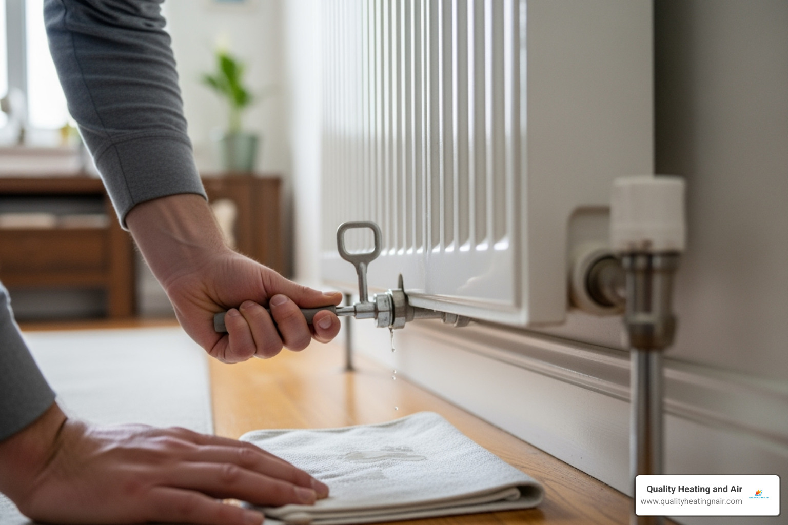 A homeowner using a radiator key to bleed a radiator, with a cloth underneath to catch drips - boiler making noise in welby co