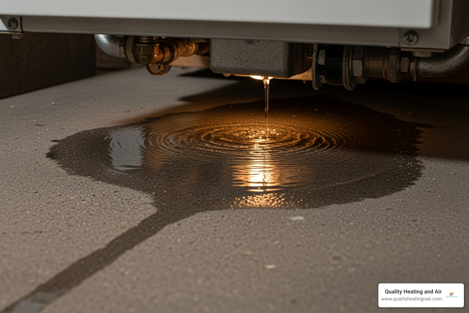 Water pooling on the floor beneath a boiler, indicating a leak - boiler making noise in welby co