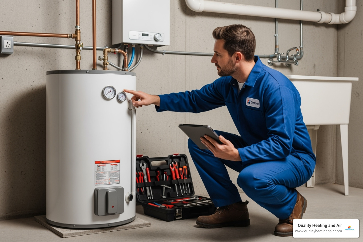 technician inspecting an electric water heater - Best electric water heater