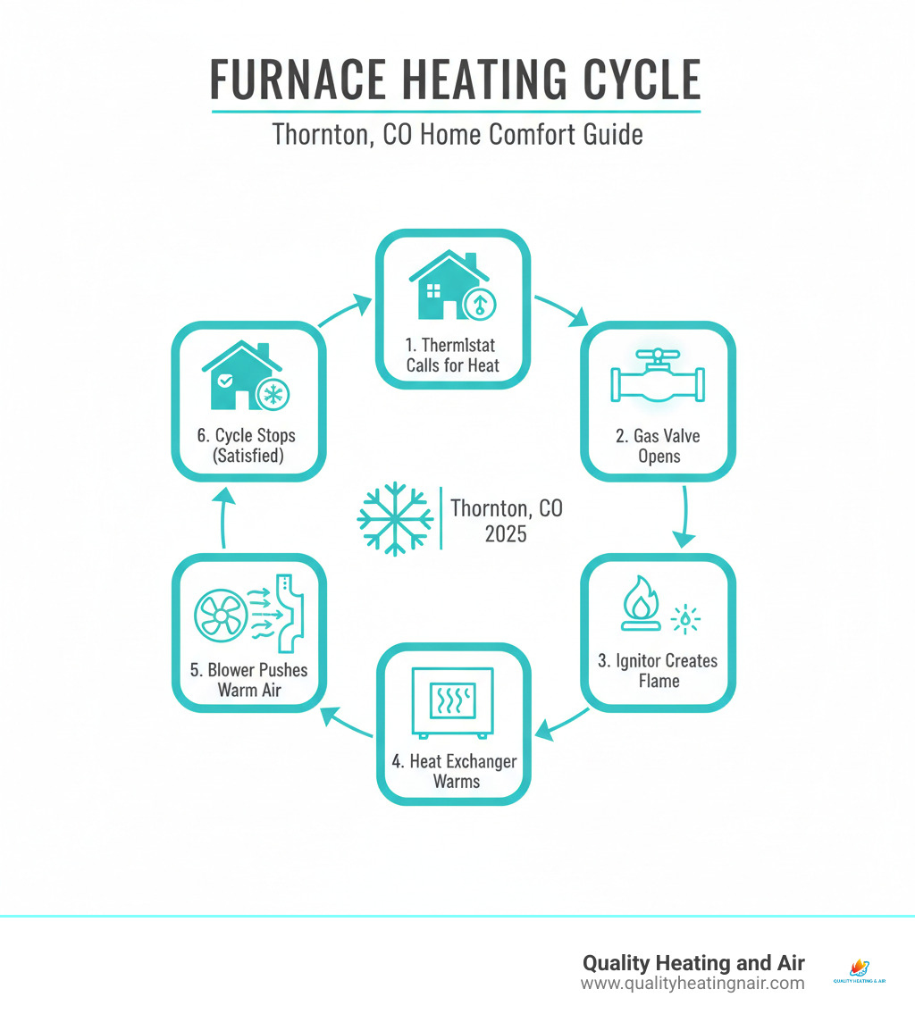 Infographic showing the furnace heating cycle: thermostat calls for heat, gas valve opens, pilot light or ignitor creates flame, heat exchanger warms up, blower motor pushes warm air through ducts, thermostat satisfied and cycle stops - furnace blowing cold air in thornton co infographic 