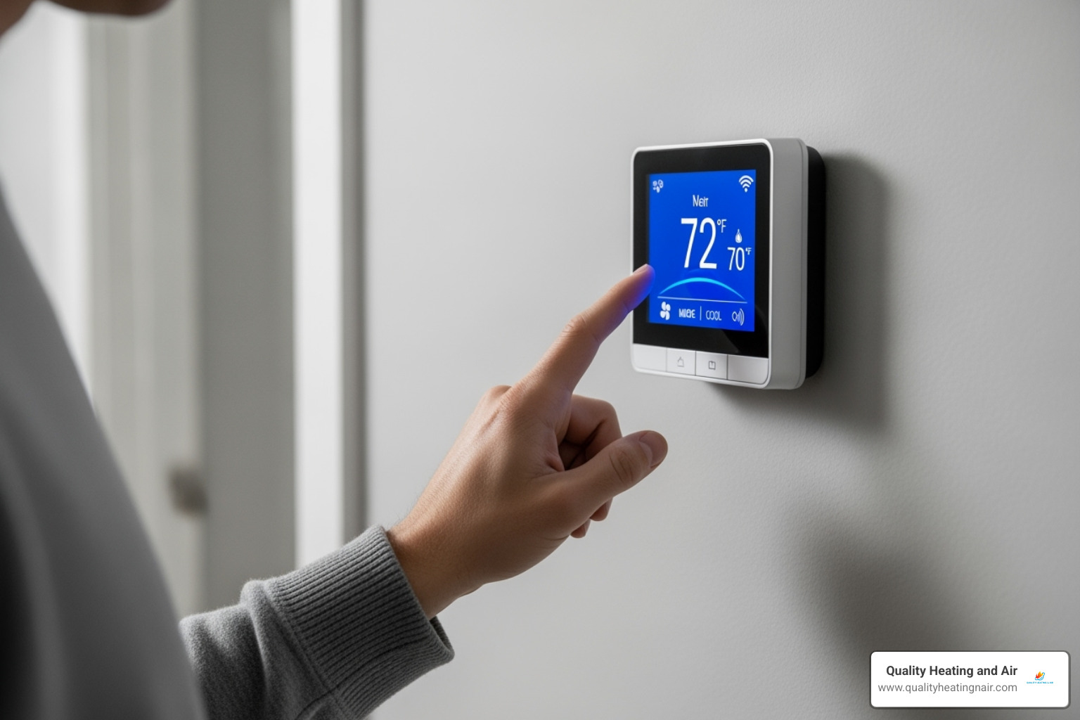 person checking thermostat - furnace blowing cold air in thornton co