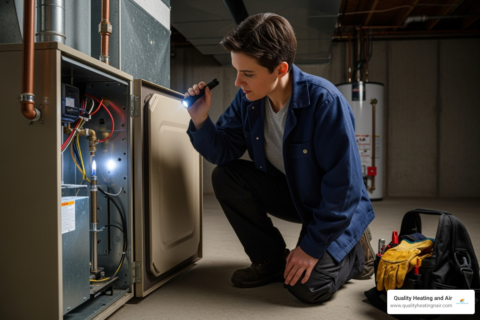 person inspecting pilot light - furnace blowing cold air in thornton co