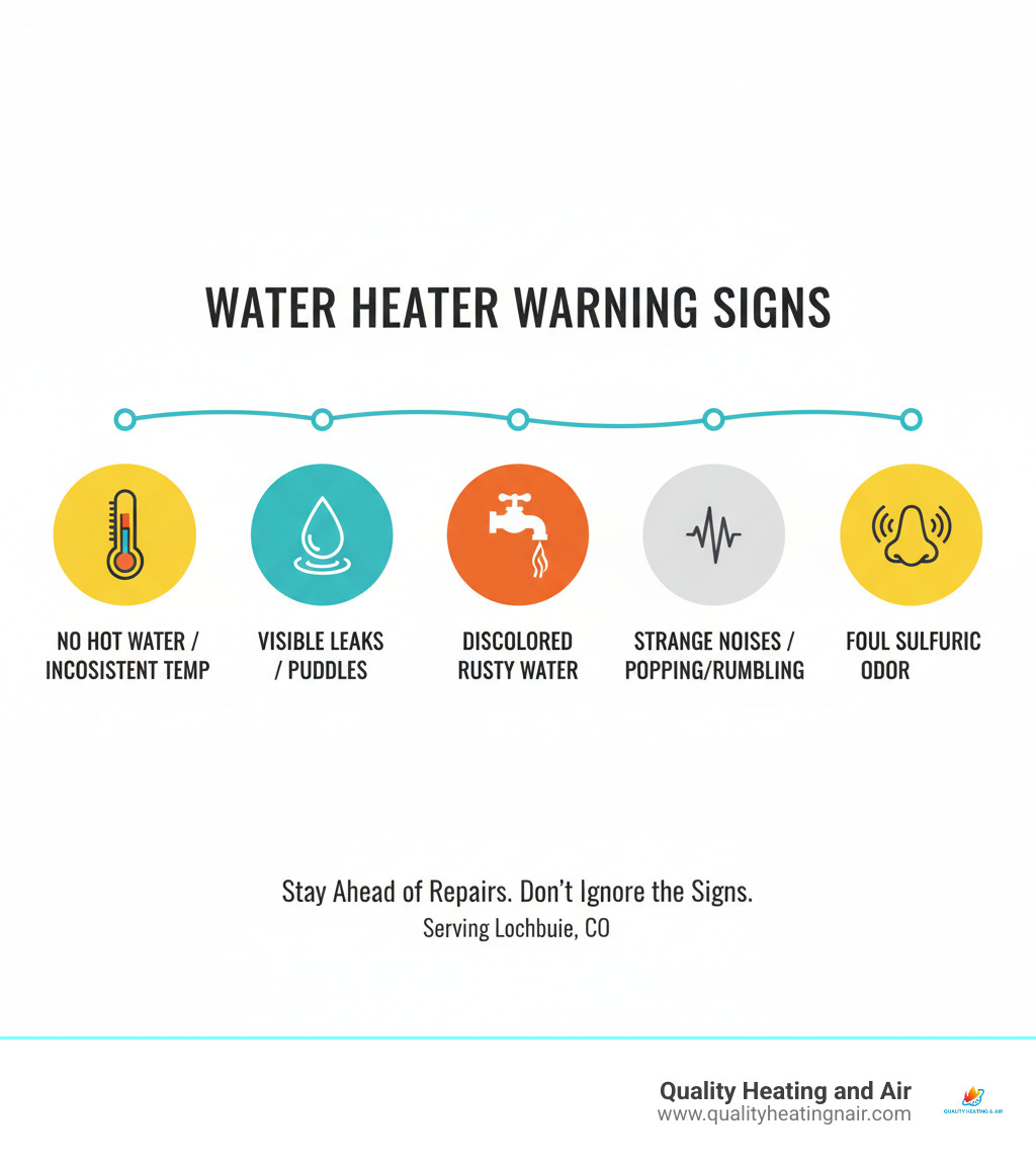 Infographic showing the top 5 warning signs of water heater failure: 1. No hot water or inconsistent temperature with a thermometer icon, 2. Visible leaks or puddles with a water droplet icon, 3. Discolored rusty water with a faucet icon, 4. Strange noises like popping or rumbling with a sound wave icon, 5. Foul sulfuric odor with a nose icon - water heater repair in lochbuie co infographic
