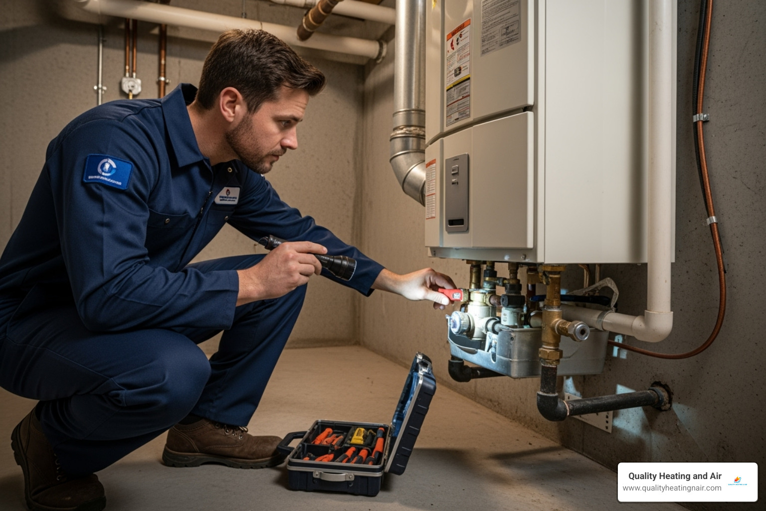 technician inspecting gas water heater - water heater repair in lochbuie co