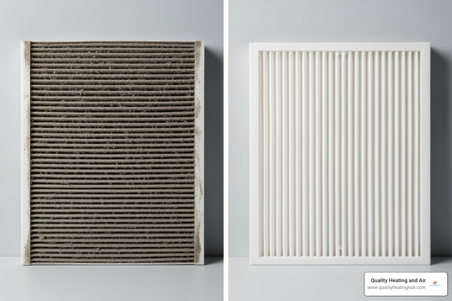 side-by-side comparison of a clogged, dirty air filter and a new, clean one - allergy relief HVAC