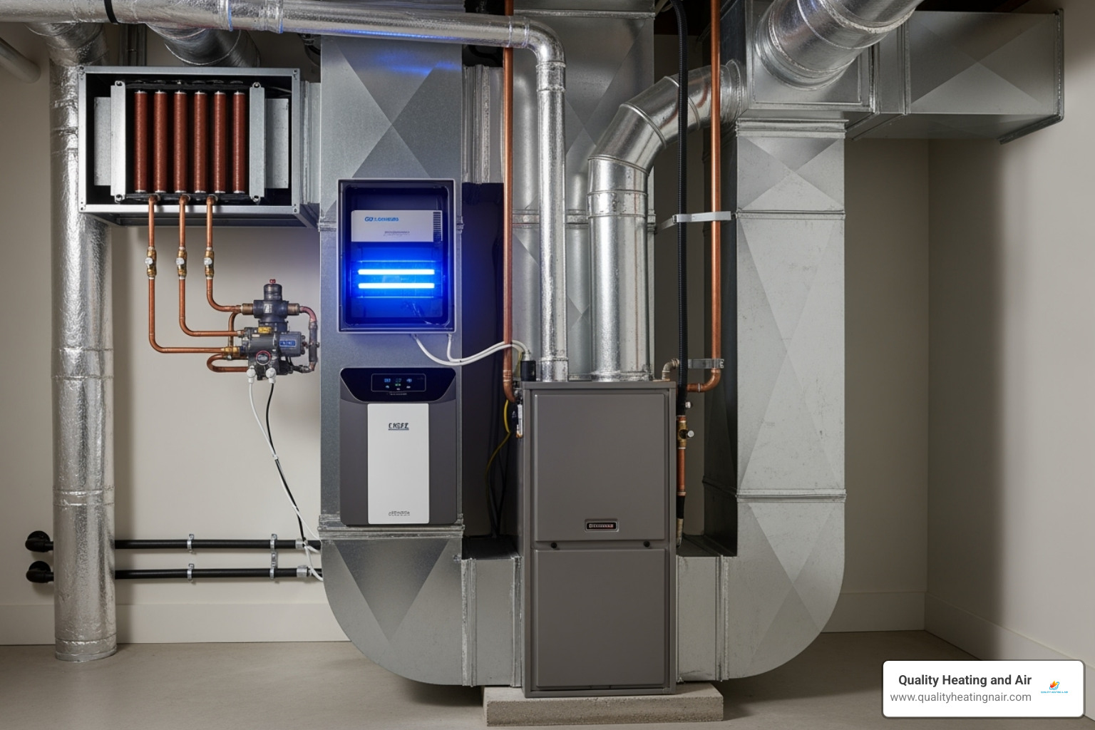 modern HVAC system with callouts pointing to a UV light and an air purifier unit - allergy relief HVAC