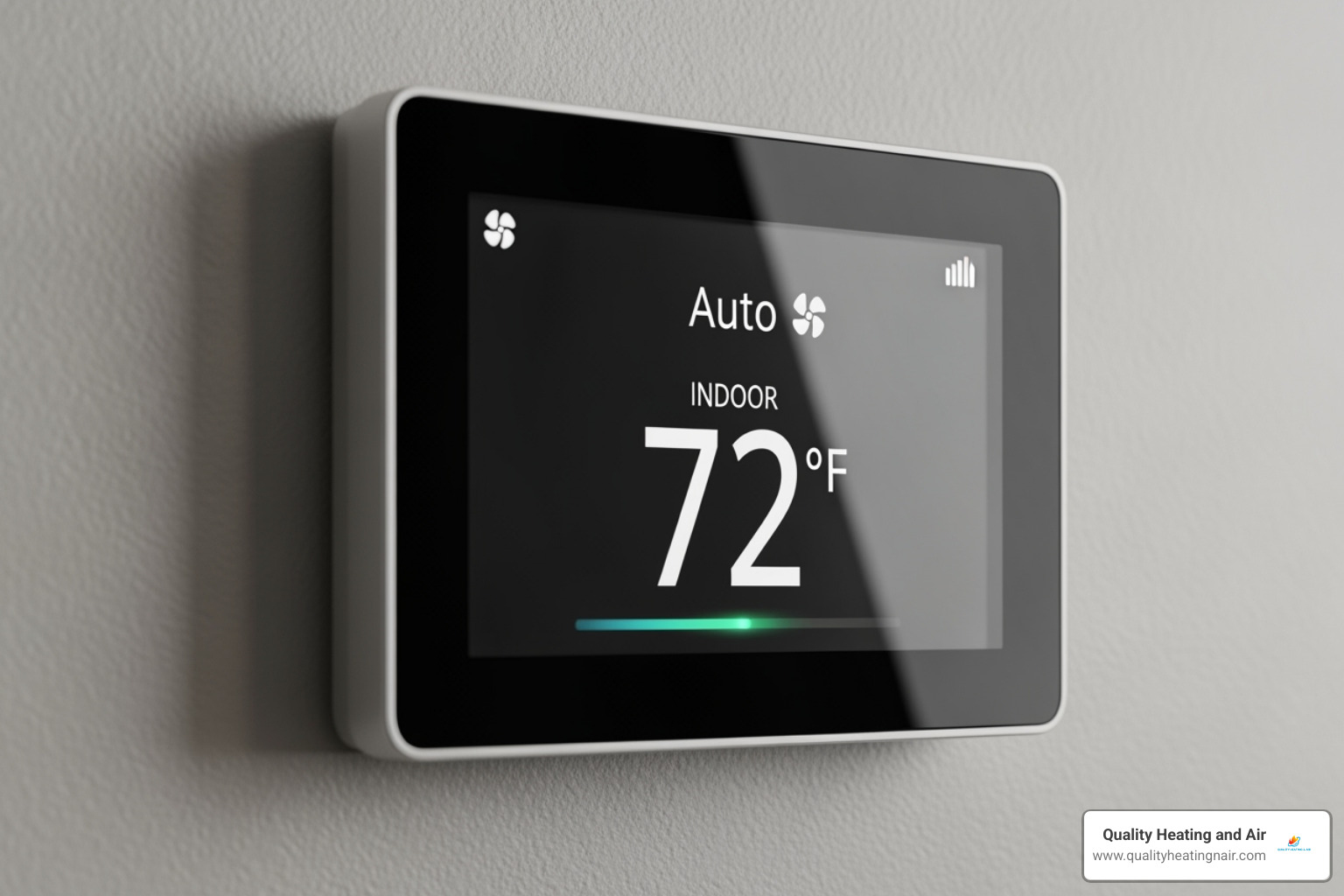 A modern smart thermostat displaying the fan setting set to 