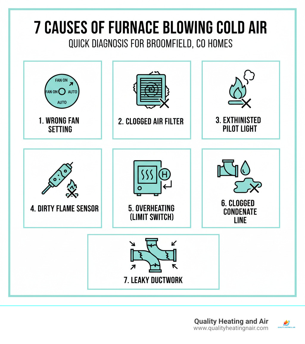Infographic showing the top 7 causes of a furnace blowing cold air with icons: thermostat with wrong fan setting, clogged air filter, extinguished pilot light, dirty flame sensor, overheating furnace with limit switch, clogged condensate drain line, and leaky ductwork with arrows showing air escape - furnace blowing cold air in broomfield co infographic 