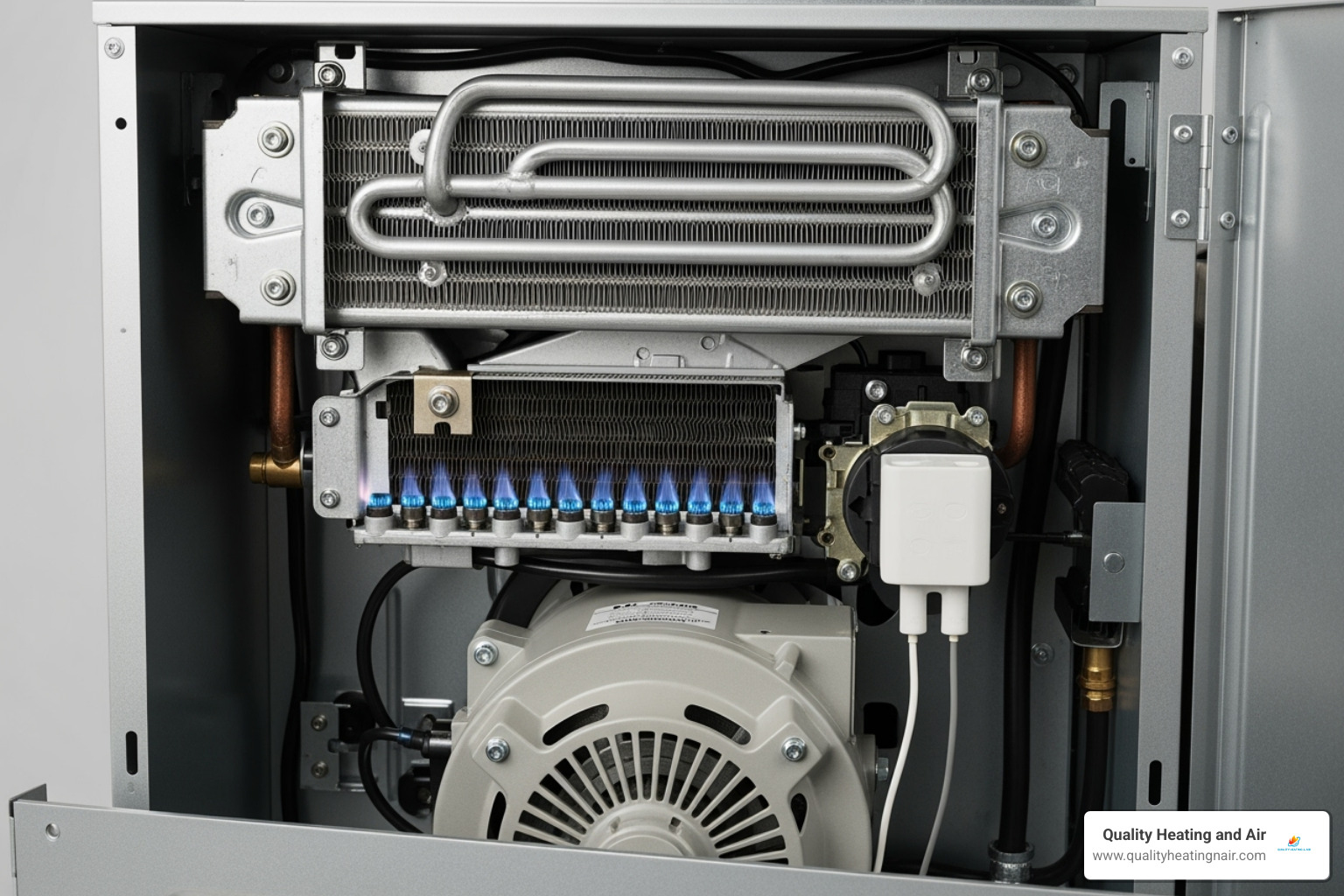 Internal components of a gas furnace, with labels for key parts like the blower, heat exchanger, burner, and ignitor. - furnace blowing cold air in broomfield co