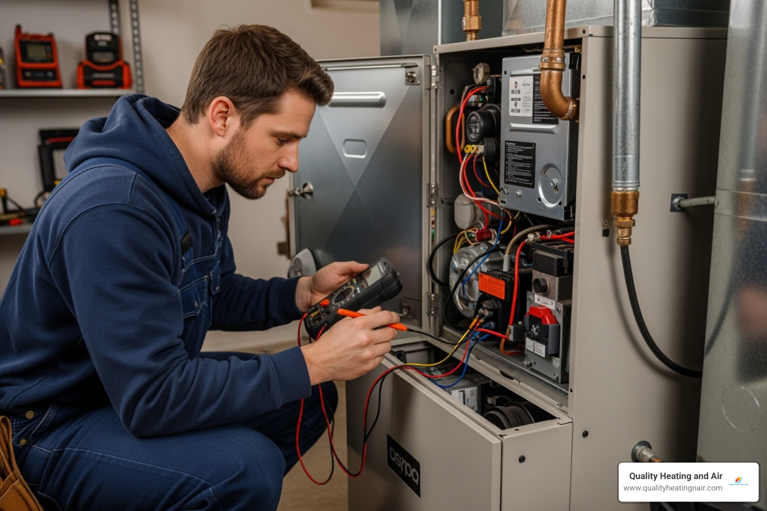 A professional HVAC technician using diagnostic tools to inspect the internal components of a furnace. - furnace blowing cold air in broomfield co