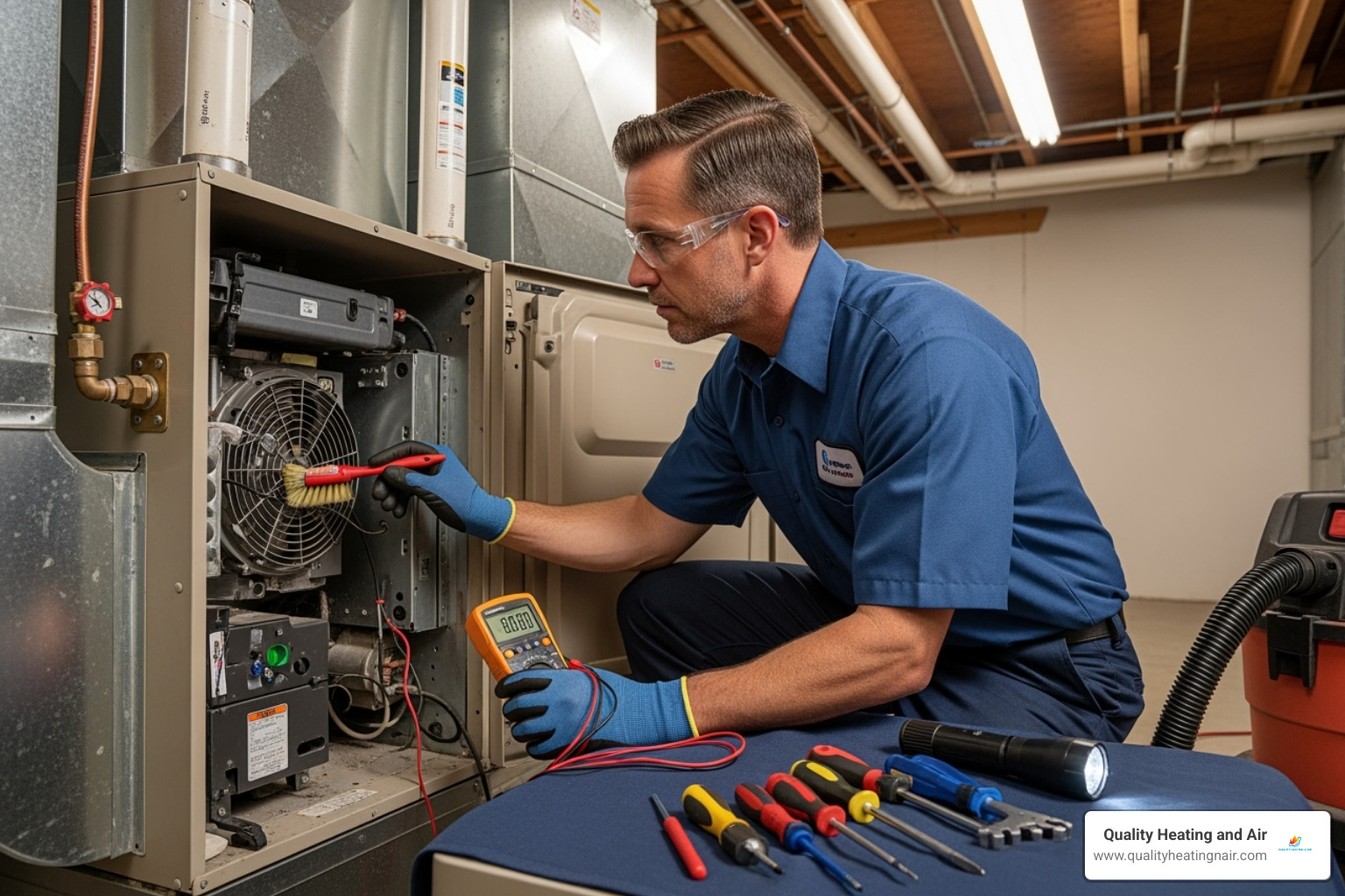 A professional HVAC technician performing annual maintenance on a furnace, checking electrical connections and cleaning components. - furnace blowing cold air in broomfield co
