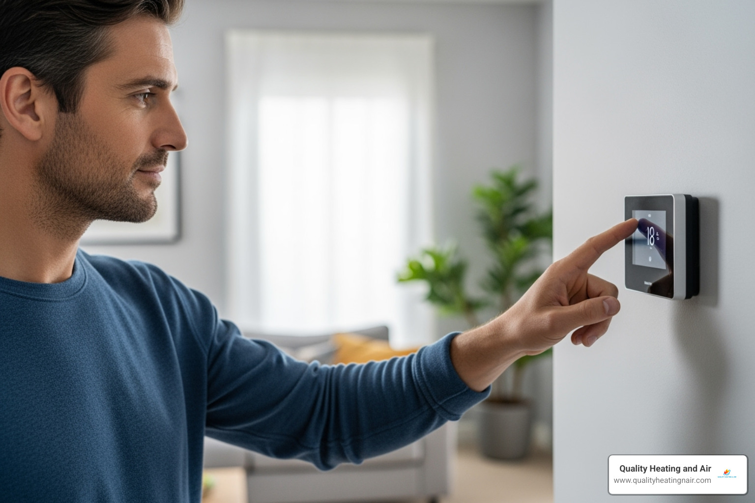 A homeowner safely adjusting their thermostat while waiting for a furnace repair technician - emergency furnace repair in aurora co