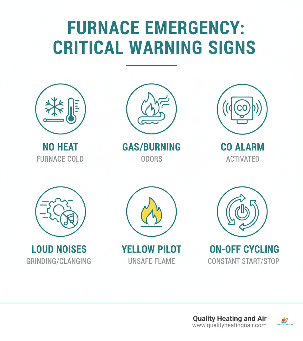 Infographic showing the top warning signs requiring emergency furnace repair: no heat production, gas or burning odors, carbon monoxide detector activation, loud mechanical noises, yellow pilot light flame, and continuous on-off cycling - emergency furnace repair in aurora co infographic
