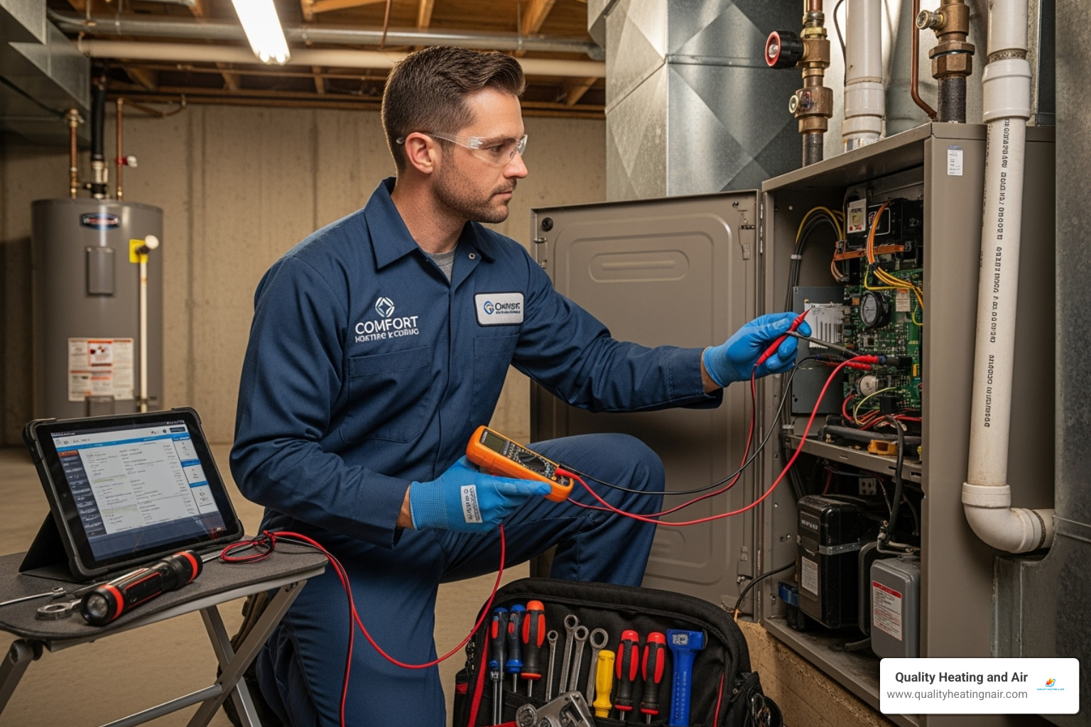 A professional HVAC technician diagnosing a furnace with specialized tools - emergency furnace repair in aurora co