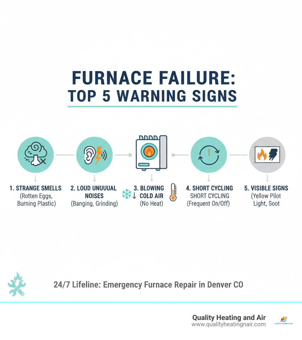 Infographic showing the top 5 warning signs of furnace failure: strange smells like rotten eggs or burning plastic, loud unusual noises including banging or grinding, blowing cold air instead of heat, short cycling or frequent on-off cycling, and visible signs like yellow pilot light or soot streaks - emergency furnace repair in denver co infographic 