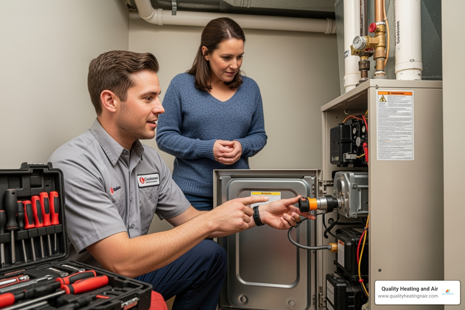 A friendly technician explaining a repair to a homeowner, pointing at a furnace component - emergency furnace repair in denver co