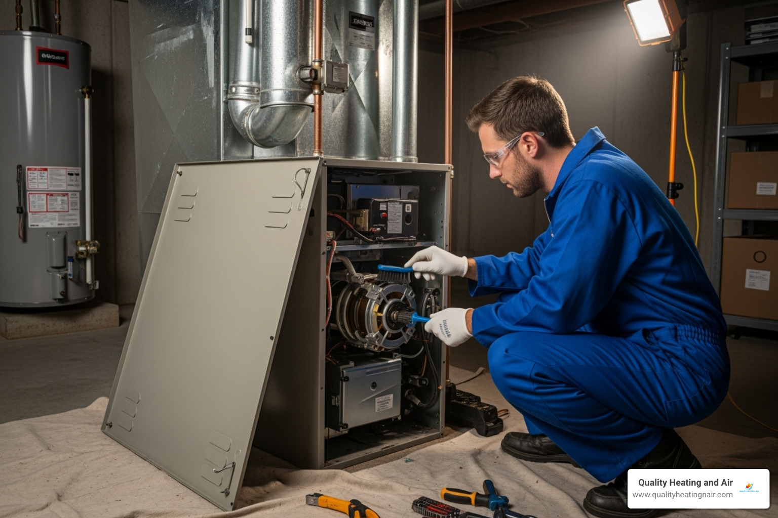 A technician performing annual furnace maintenance, cleaning a component inside the furnace - emergency furnace repair in denver co