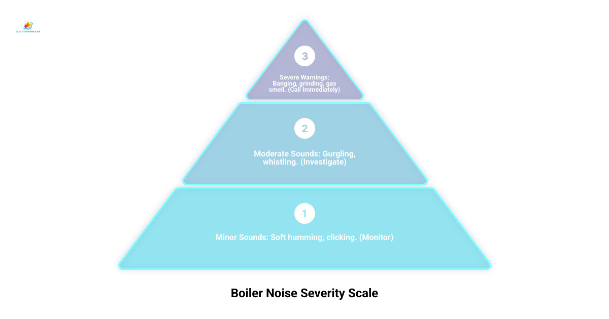 Infographic showing a severity scale of boiler noises from minor sounds like soft humming and clicking at the bottom, progressing through moderate noises like gurgling and whistling in the middle, to severe warning sounds like loud banging, grinding, and gas smells at the top, with corresponding urgency levels from "monitor" to "call immediately" - boiler making noise in henderson co infographic 3_stage_pyramid