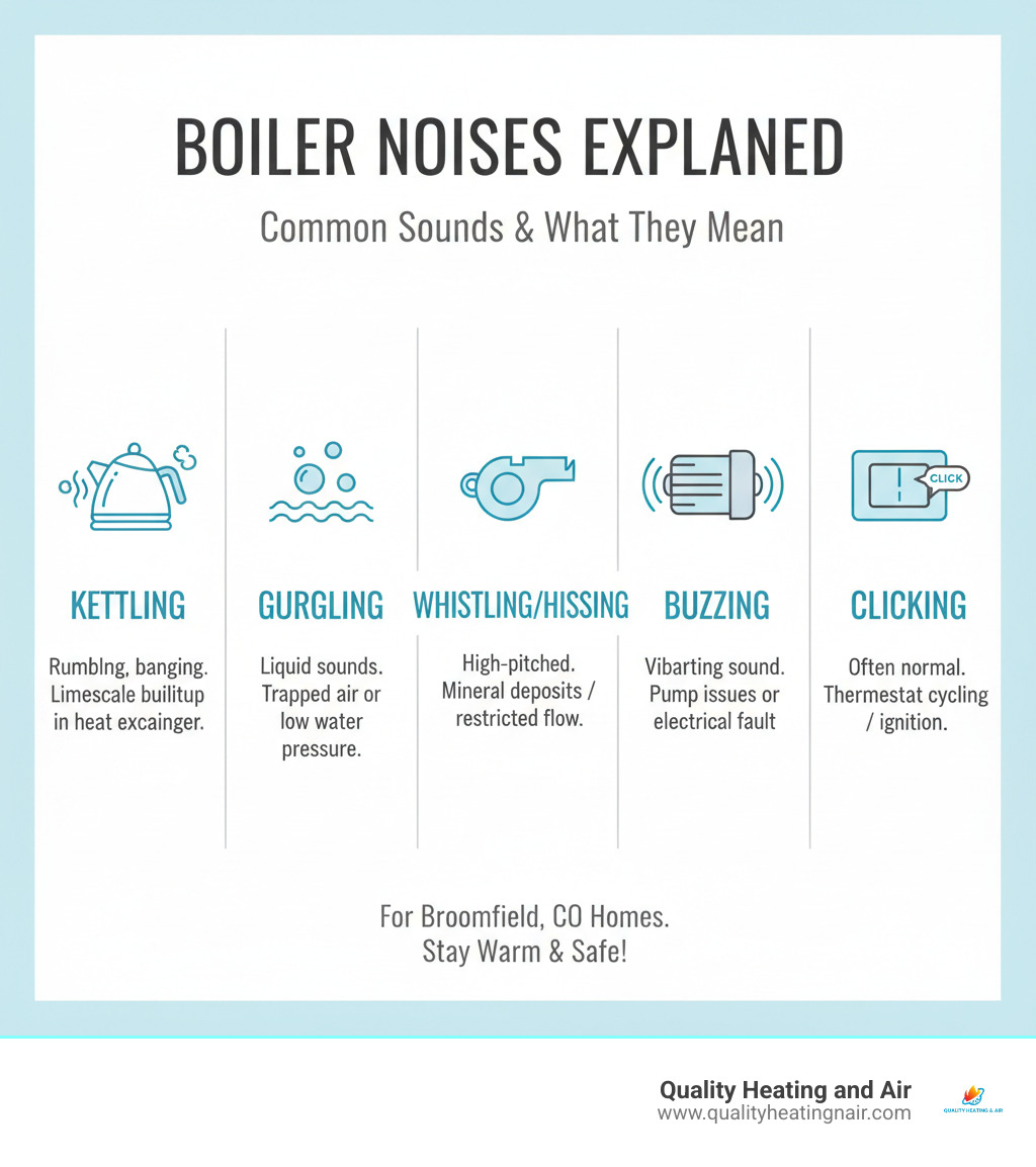 Infographic showing five common boiler noises with icons: a rumbling kettle for kettling sounds, air bubbles for gurgling, a whistle for whistling/hissing, a vibrating motor for buzzing, and a clicking switch for clicking sounds, each with brief descriptions of their causes including limescale buildup, trapped air, mineral deposits, pump issues, and thermostat cycling - boiler making noise in broomfield co infographic 