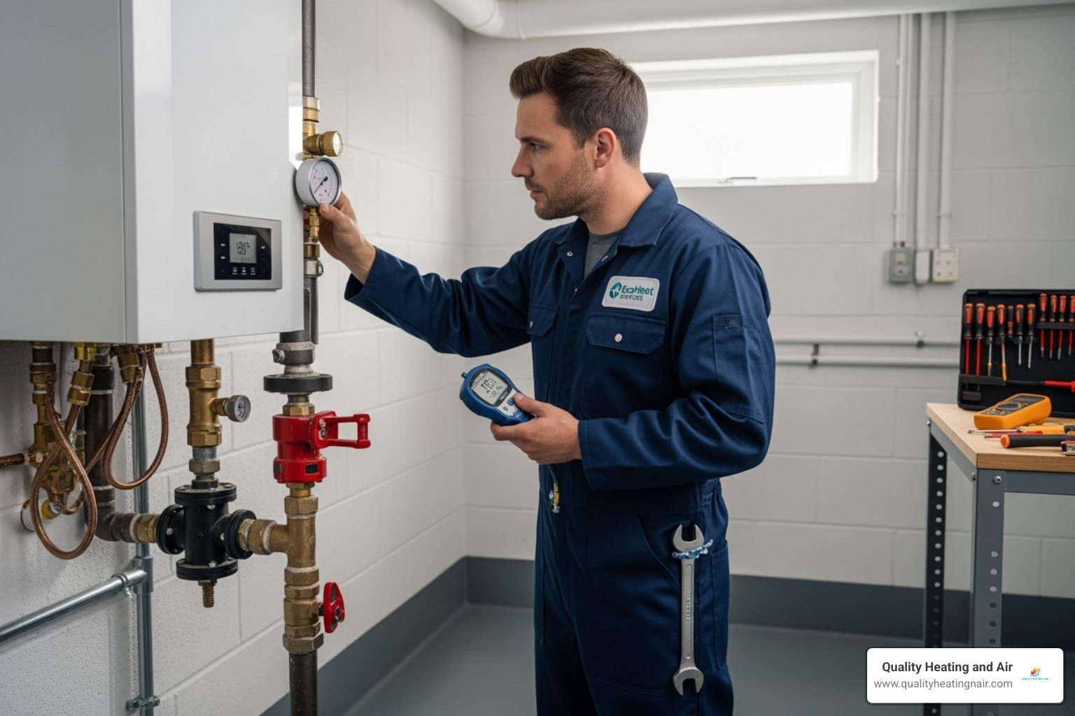 professional technician inspecting a boiler - boiler repair thornton co