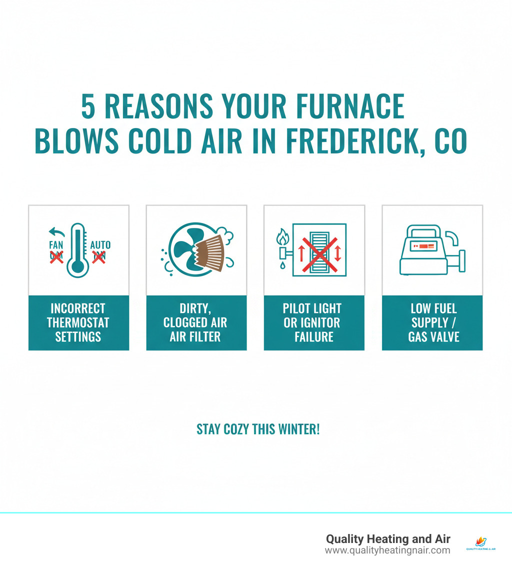 Infographic showing the top 5 reasons a furnace blows cold air in Frederick CO: incorrect thermostat settings with fan on ON instead of AUTO, dirty clogged air filter restricting airflow, pilot light or ignitor failure in gas furnaces, closed or blocked supply vents causing overheating, and low fuel supply or gas valve issues - furnace blowing cold air in frederick co infographic