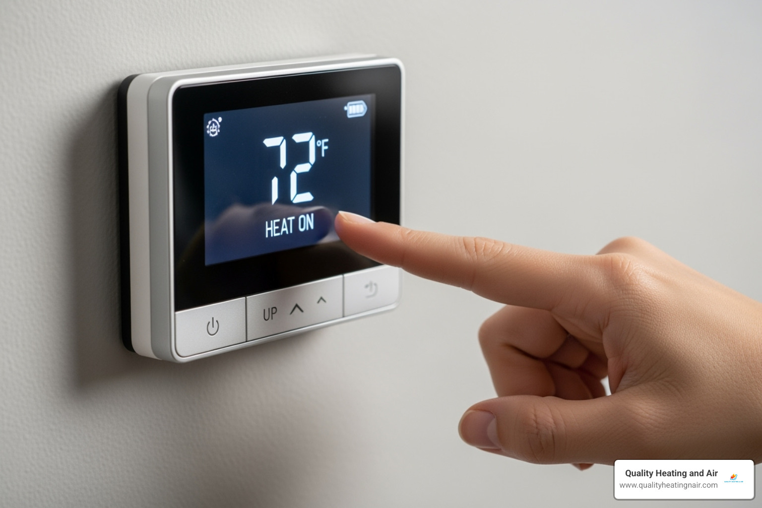 person adjusting digital thermostat - furnace blowing cold air in frederick co