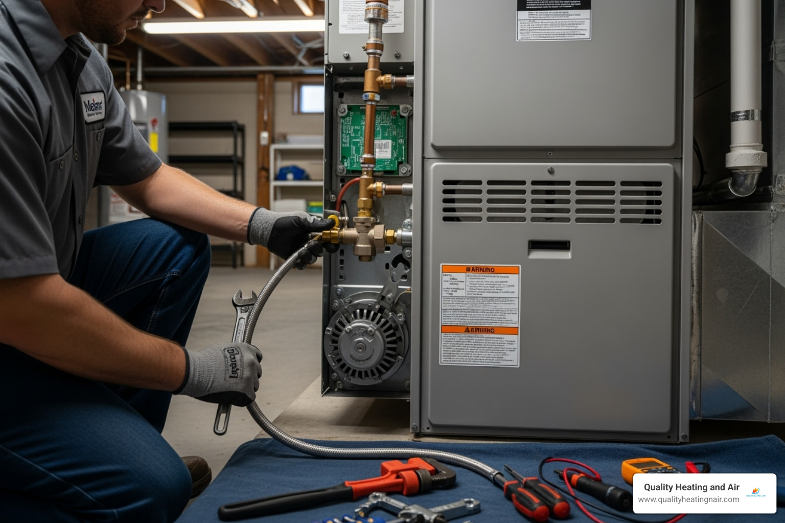 of a certified technician carefully working on a new furnace installation - affordable furnace installation in arvada co
