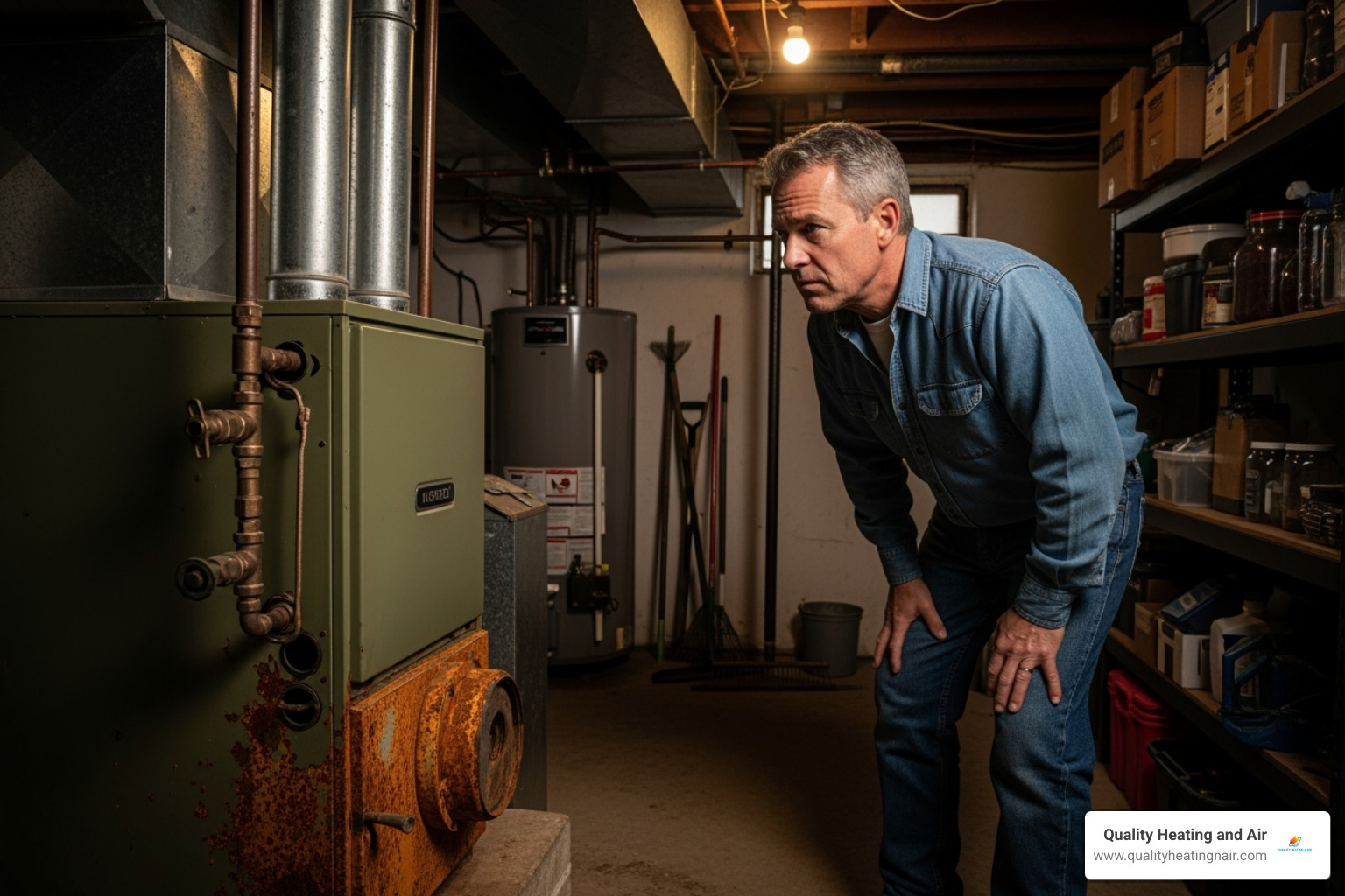 of a homeowner looking thoughtfully at an older furnace - affordable furnace installation in arvada co