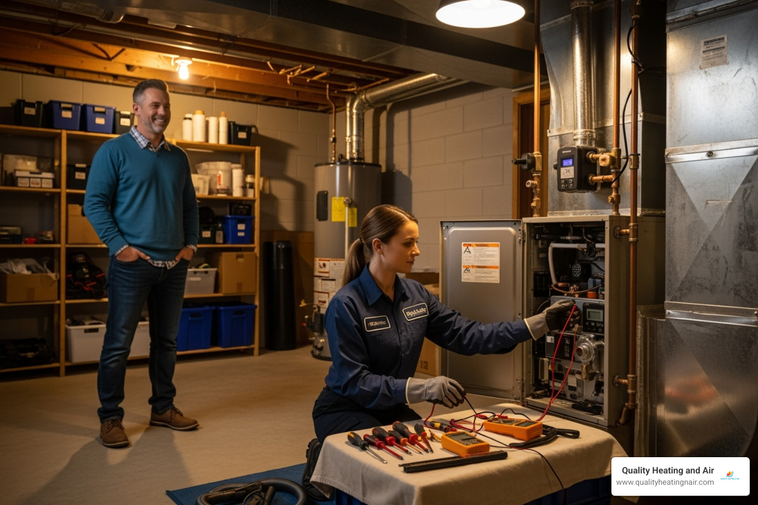 of a homeowner smiling while a technician performs a furnace tune-up - affordable furnace installation in arvada co