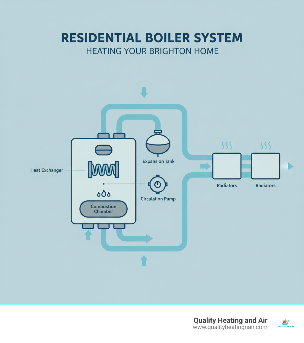 Infographic showing the key components of a residential boiler system including the combustion chamber, heat exchanger, circulation pump, expansion tank, and radiators, with arrows indicating hot water flow through pipes to heat your home - boiler broken in brighton co infographic
