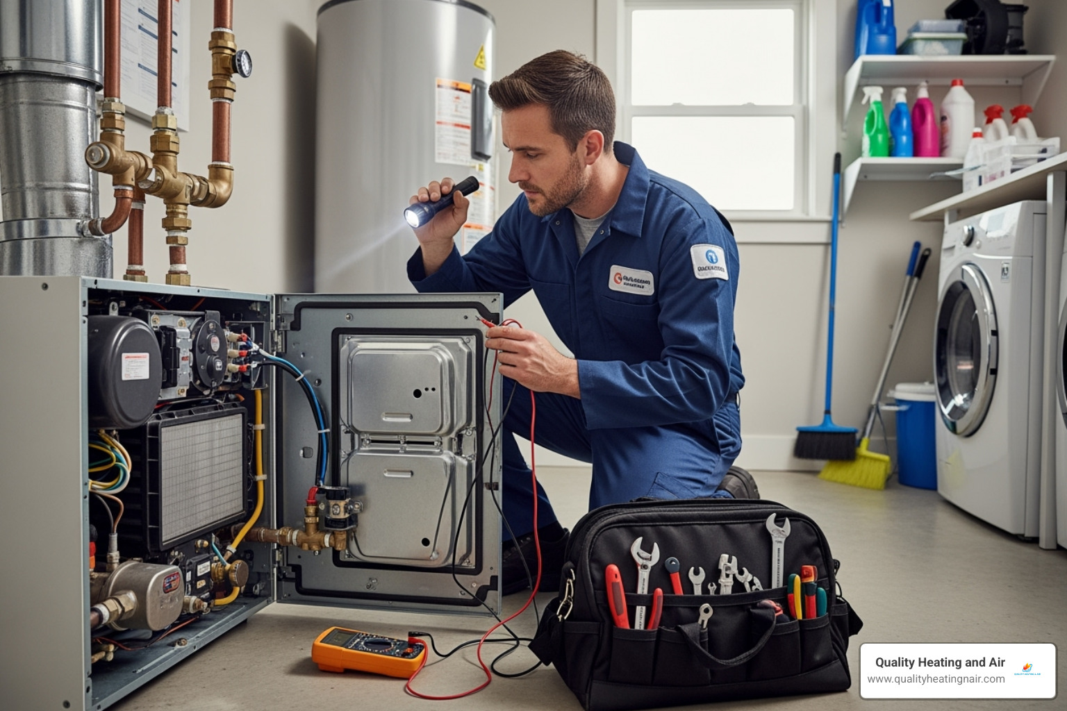 technician inspecting a boiler