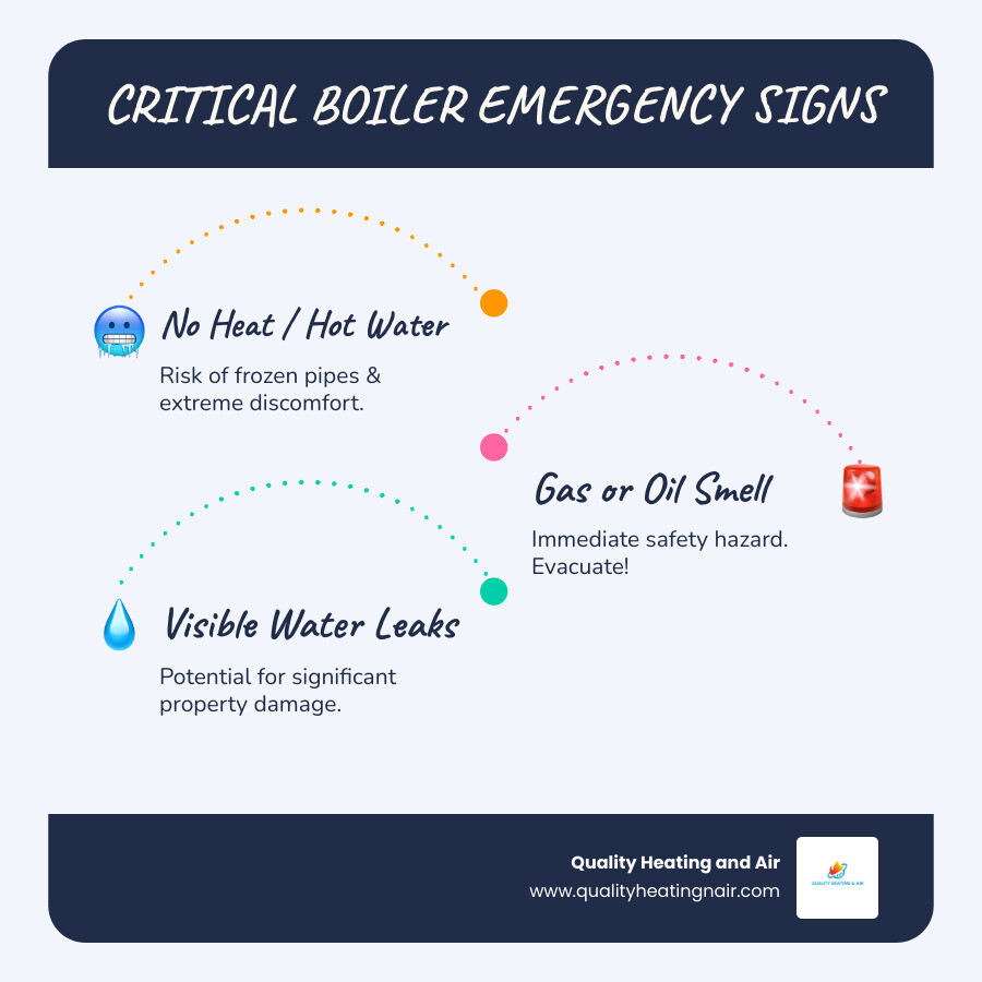 infographic showing three critical boiler emergency signs: complete loss of heat with frozen pipe risk, gas or oil smell indicating safety hazard, and visible water leaks causing property damage - 24/7 boiler repair in clayton co infographic infographic-line-3-steps-blues-accent_colors