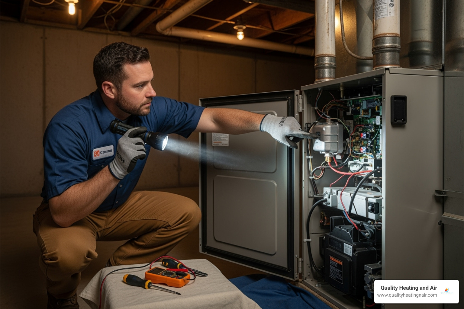 Professional HVAC technician inspecting an open furnace - furnace blowing cold air in arvada co