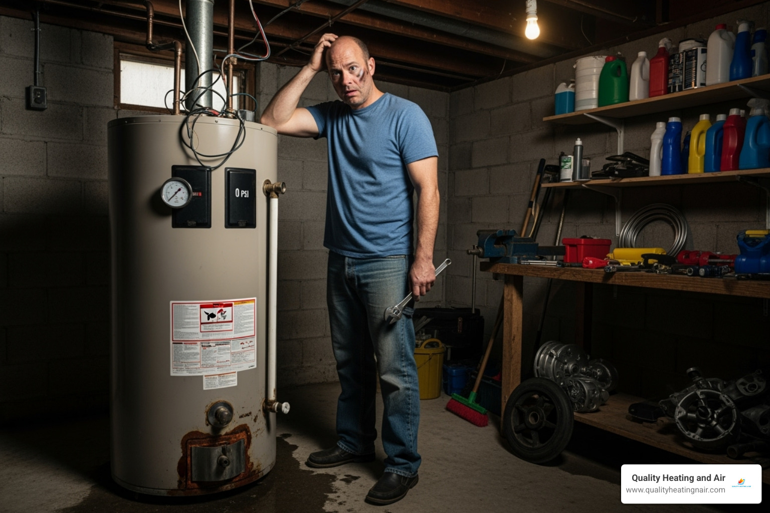 confused homeowner looking at water heater - water heater making noise in gateway co