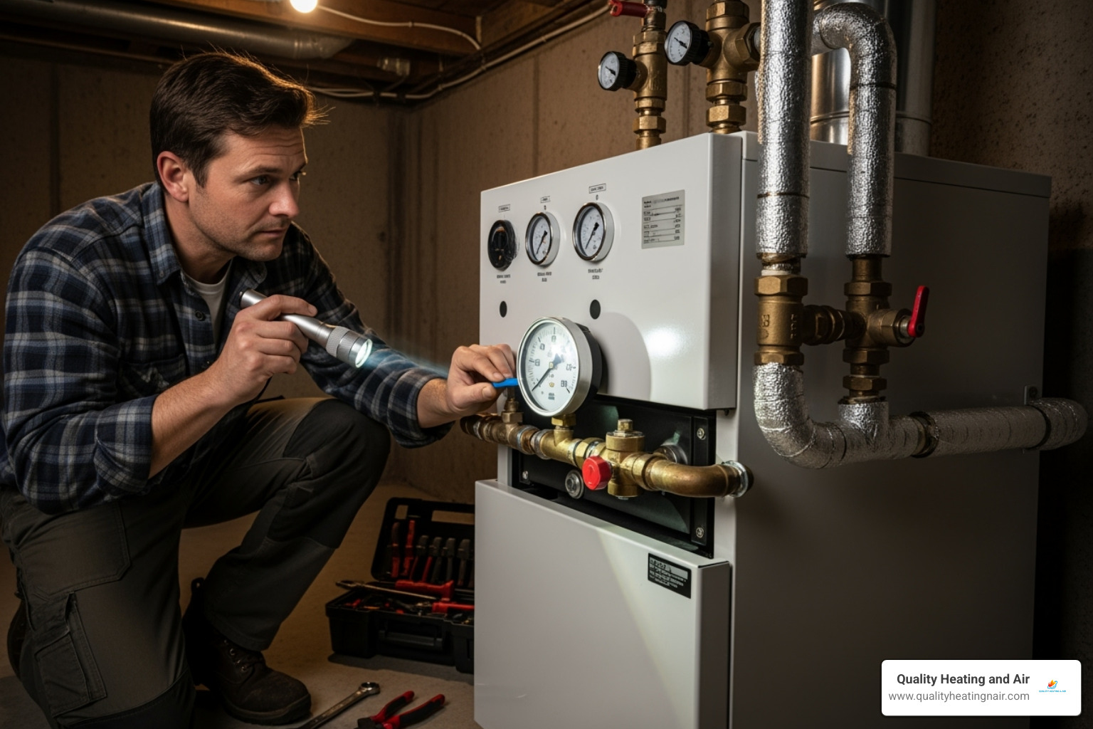 A homeowner carefully inspecting the pressure gauge on their residential boiler system - best boiler company in arvada co