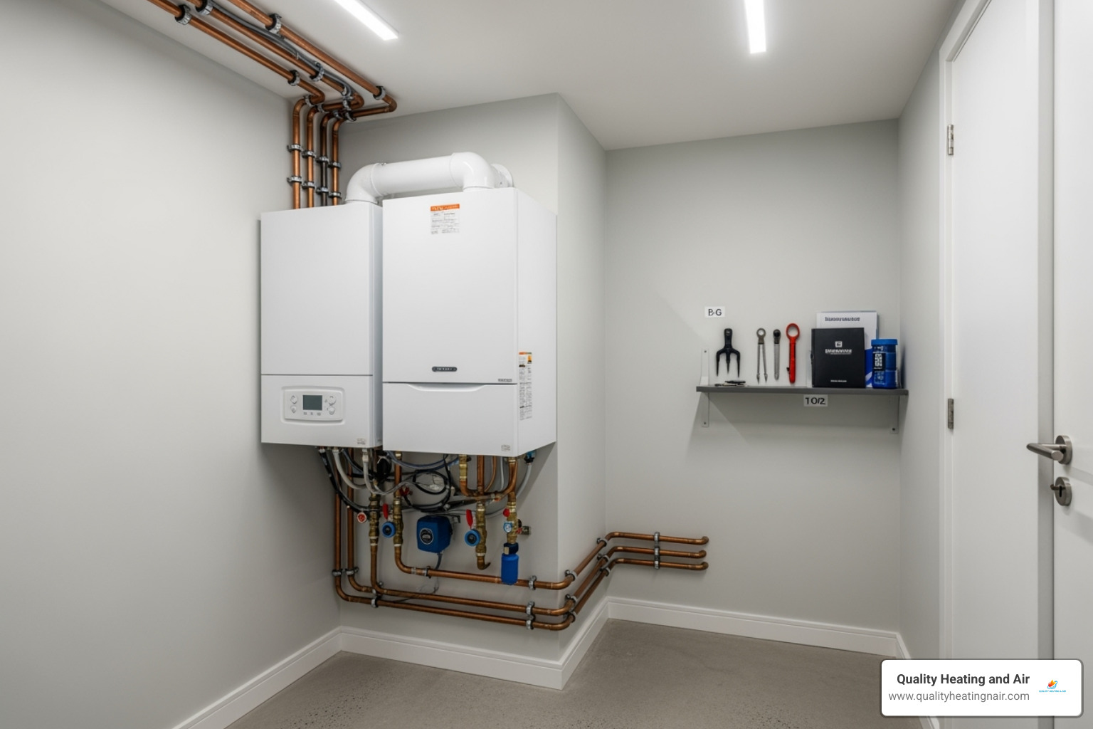 A modern, compact high-efficiency boiler installed in a clean utility room - best boiler company in arvada co