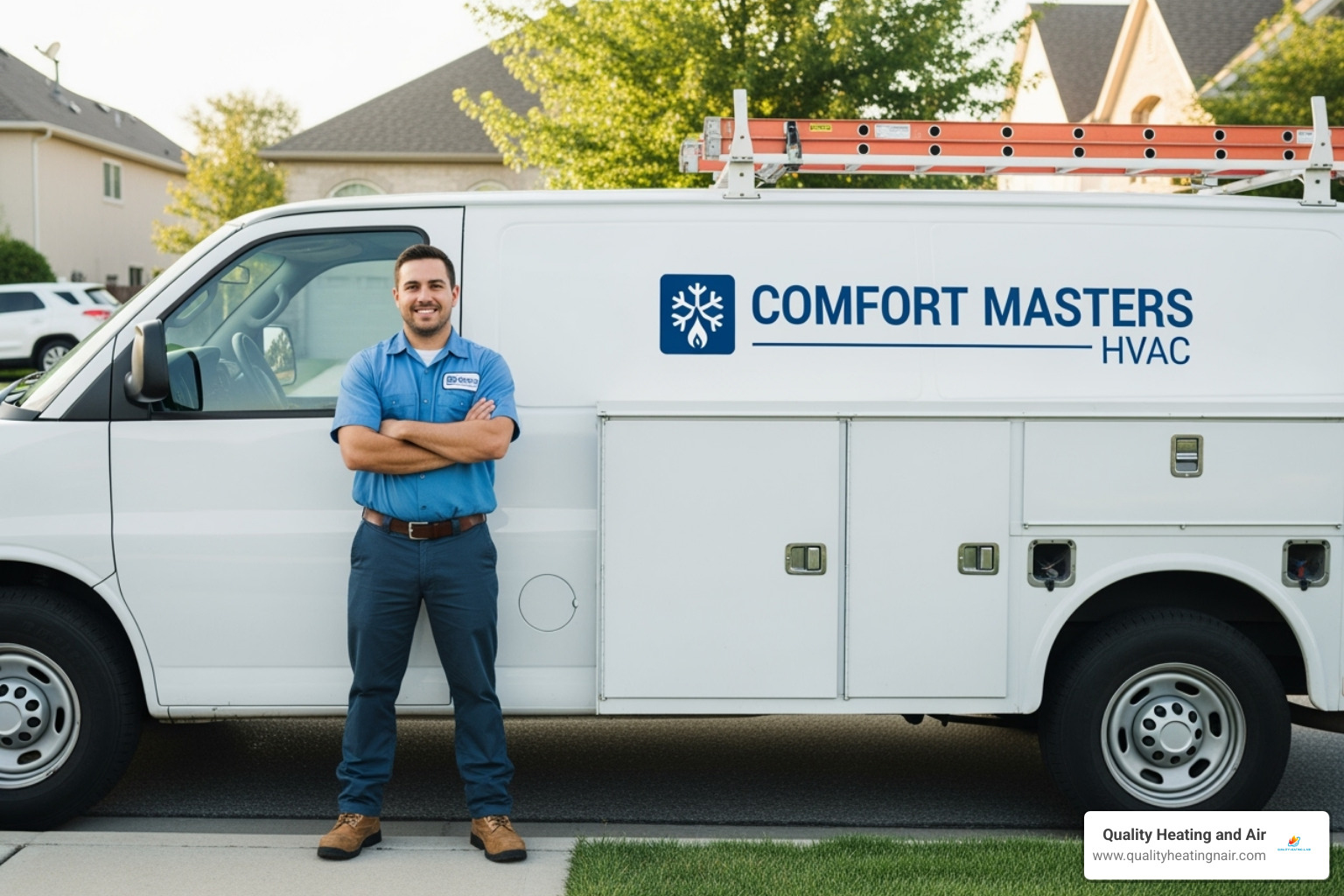 Professional HVAC technician standing next to a clean, branded service van - best boiler company in arvada co
