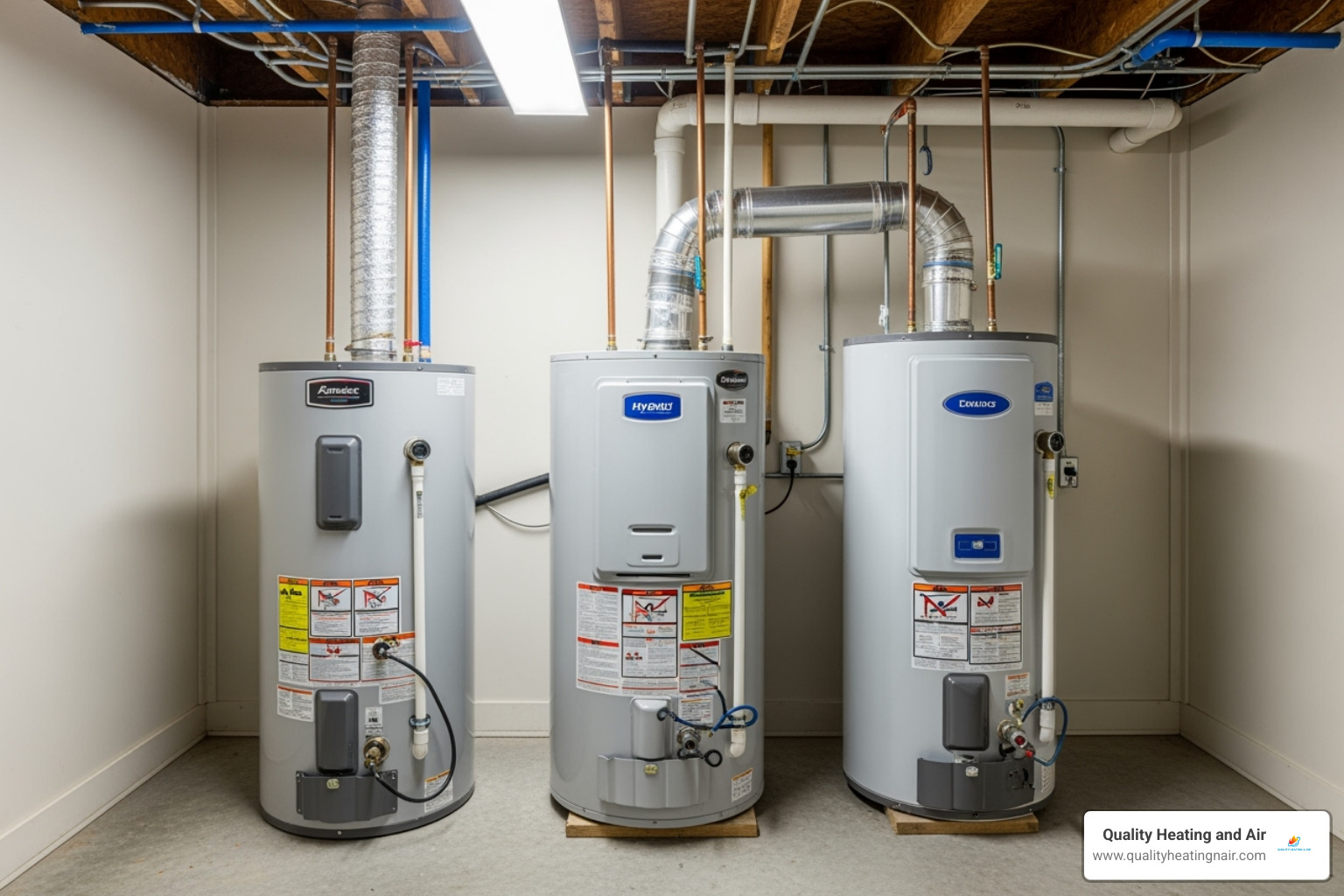 Image showing three types of water heaters: tank, tankless, and hybrid - water heater not working in clayton co