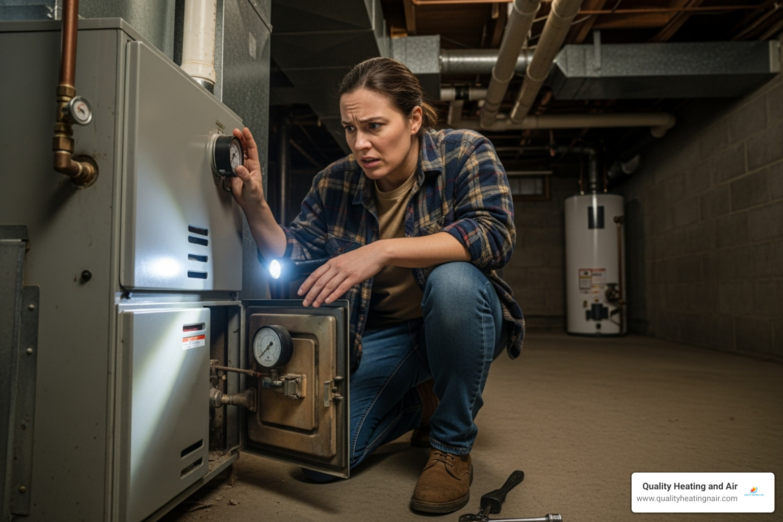 person looking at a furnace with a concerned expression - same day furnace repair in clayton co