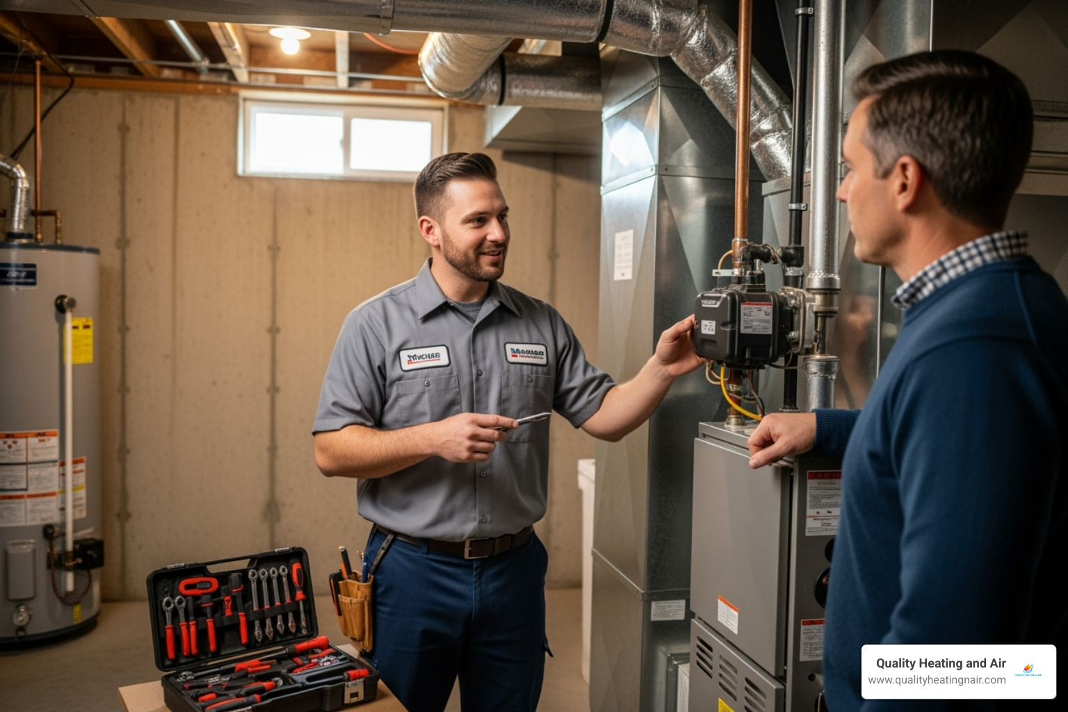 friendly technician explaining a furnace part to a homeowner - same day furnace repair in clayton co