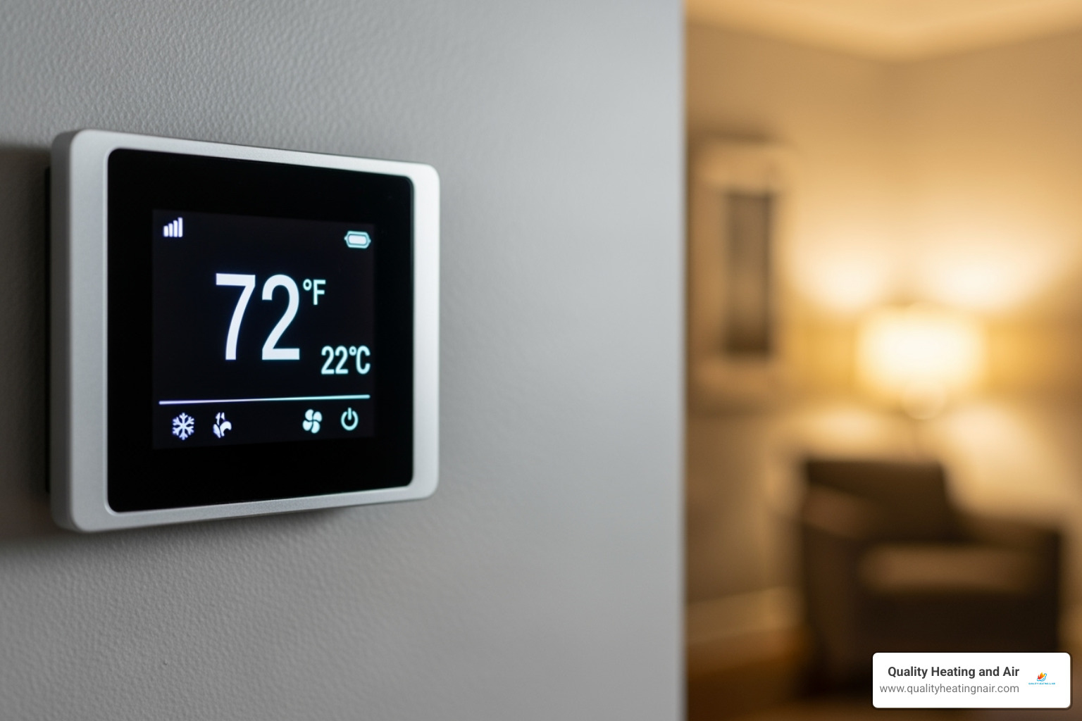 digital thermostat showing a comfortable indoor temperature - same day furnace repair in clayton co