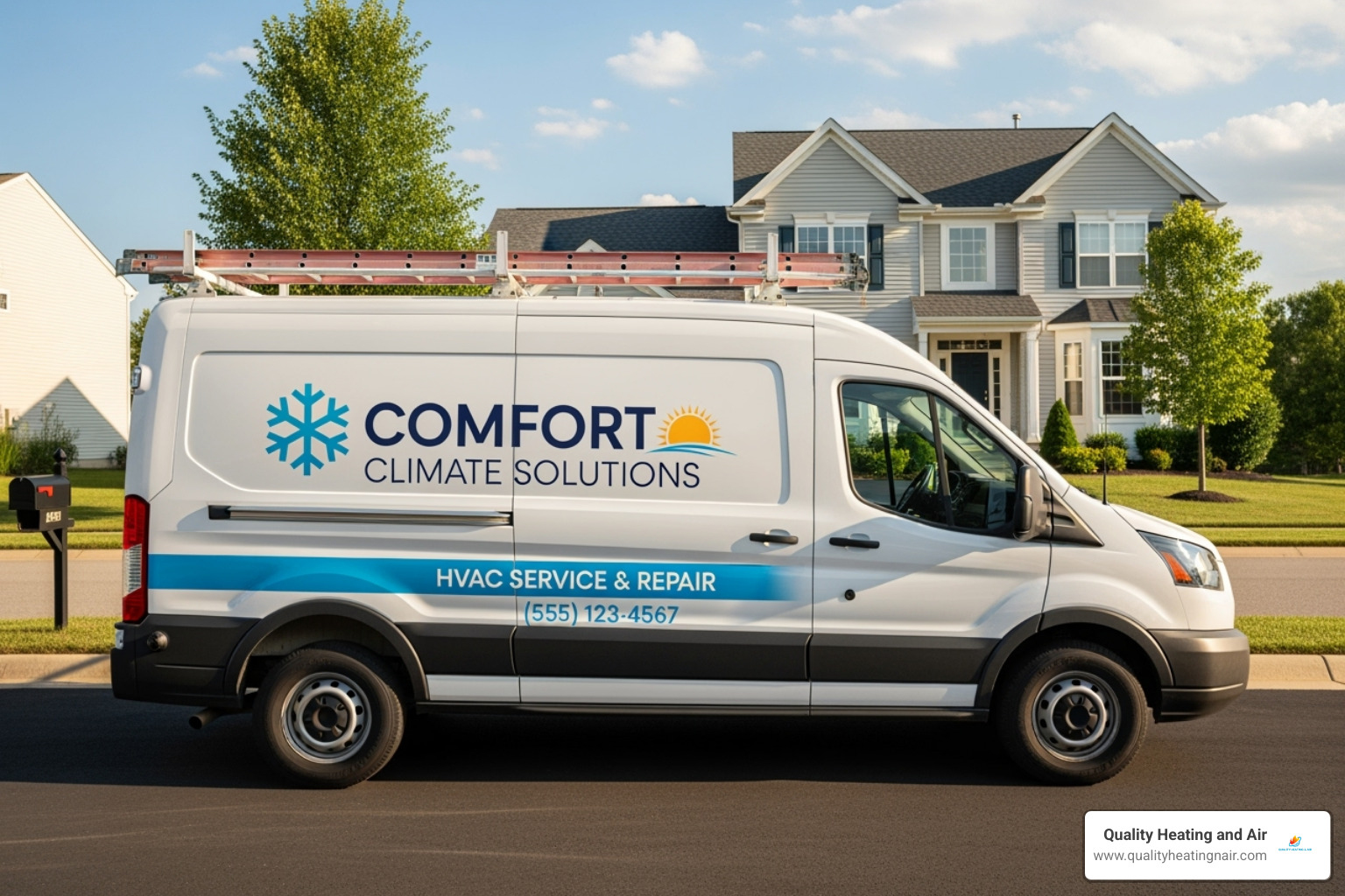 clearly marked service van in a residential driveway - same day furnace repair in clayton co