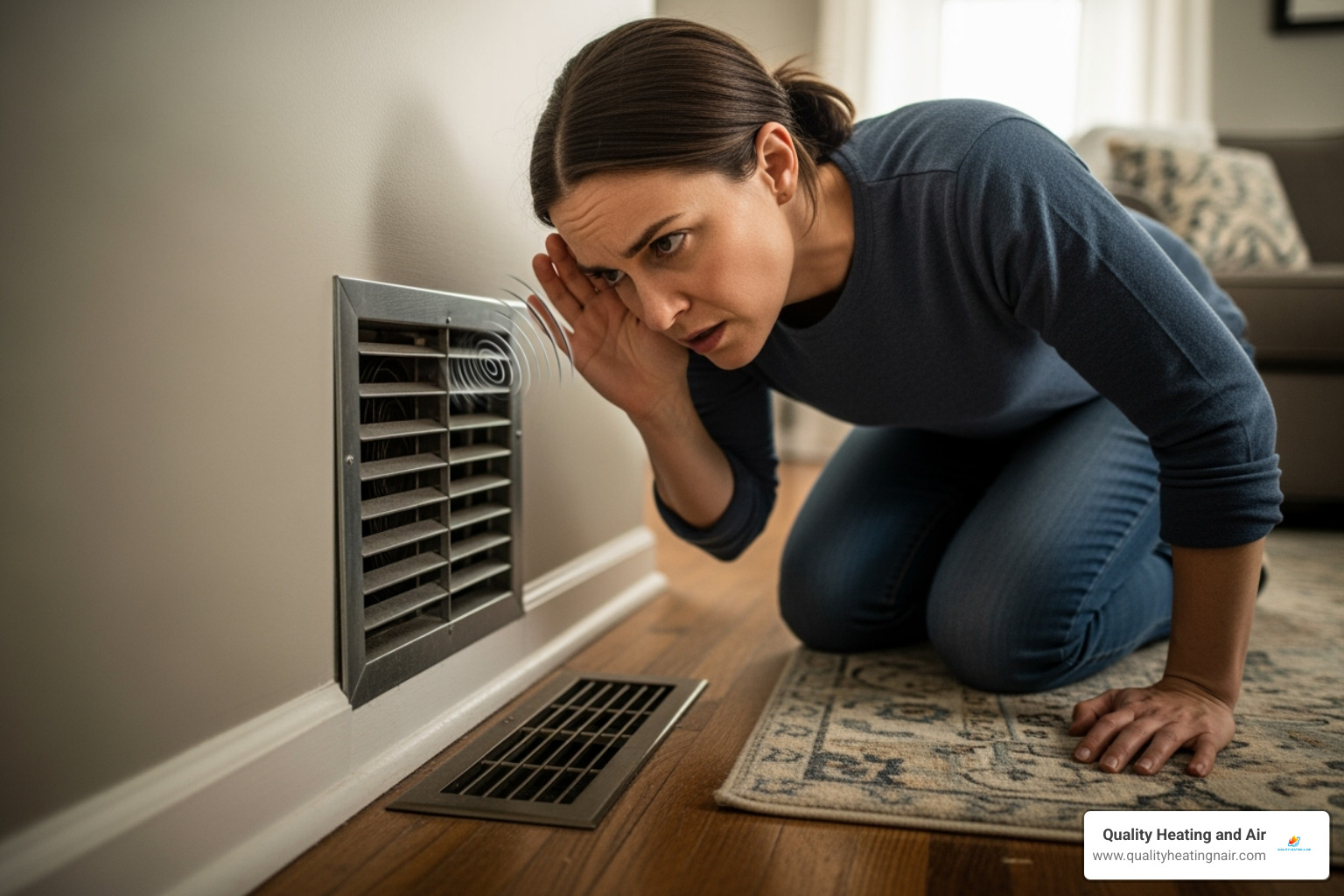 A person listening intently to a noisy furnace vent, indicating a problem - furnace maintenance in applewood co