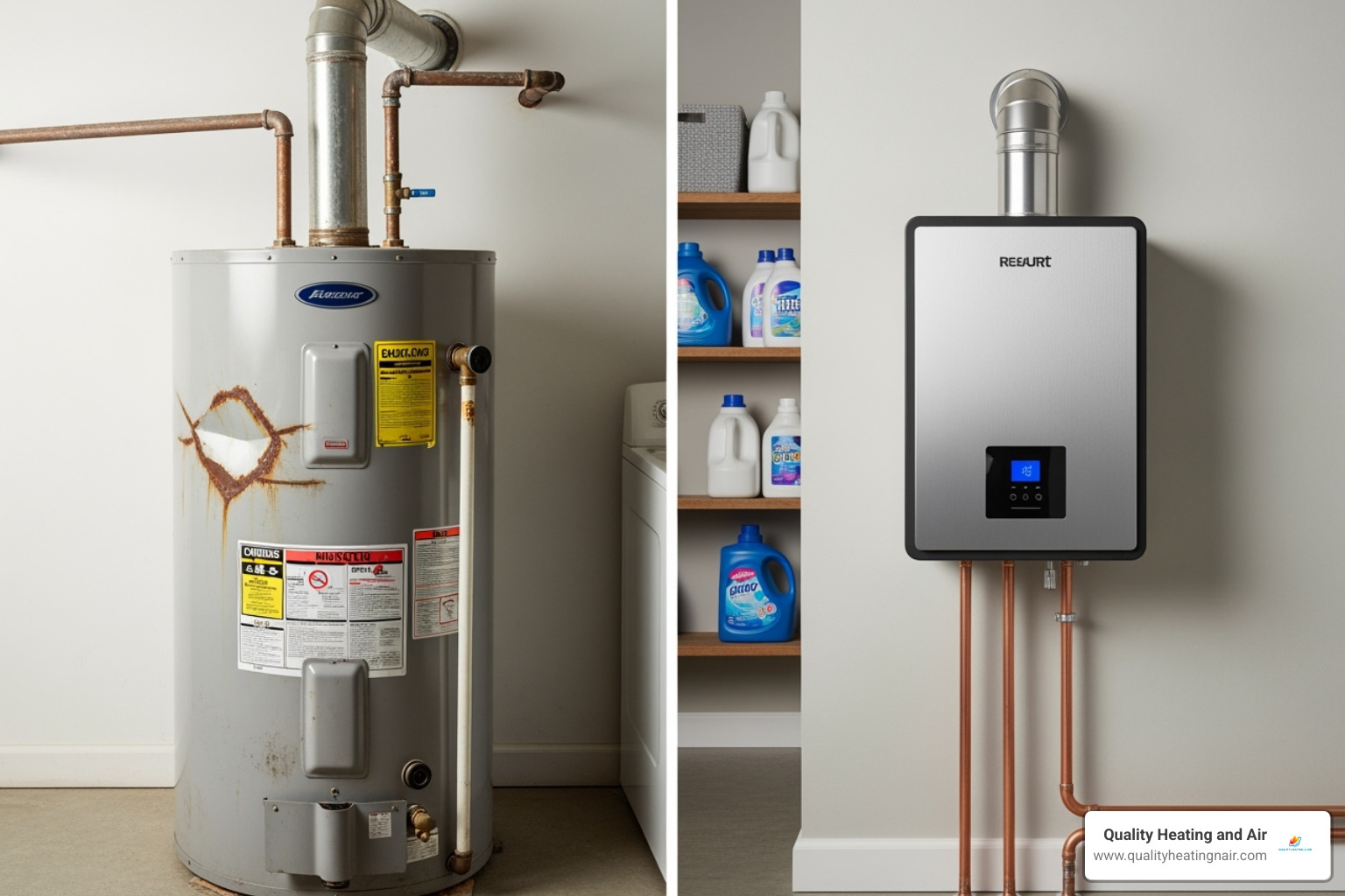 old, rusty water heater with a modern, efficient tankless unit - water heater not working in henderson co