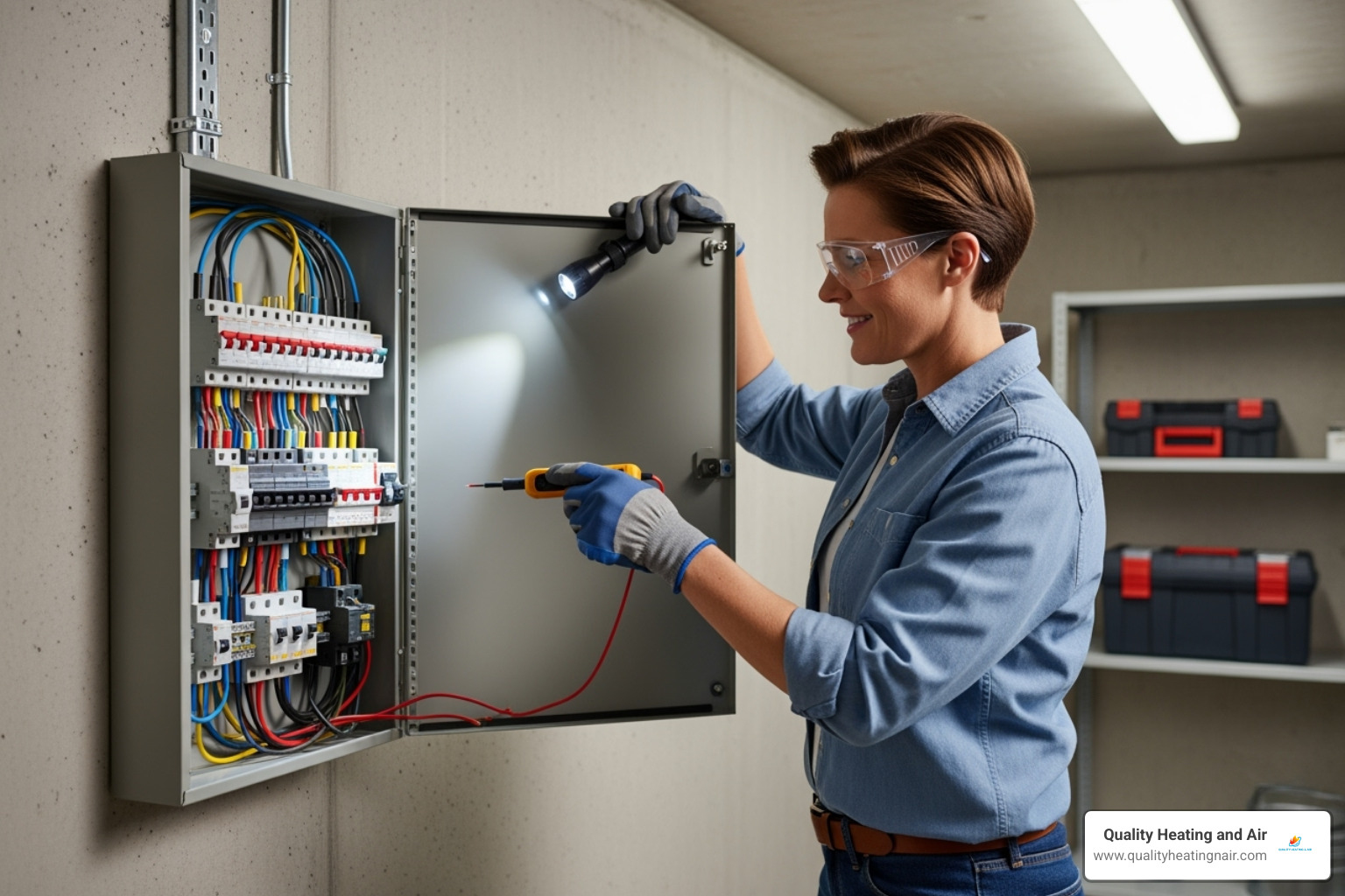 homeowner safely checking the circuit breaker for their water heater - water heater not working in henderson co