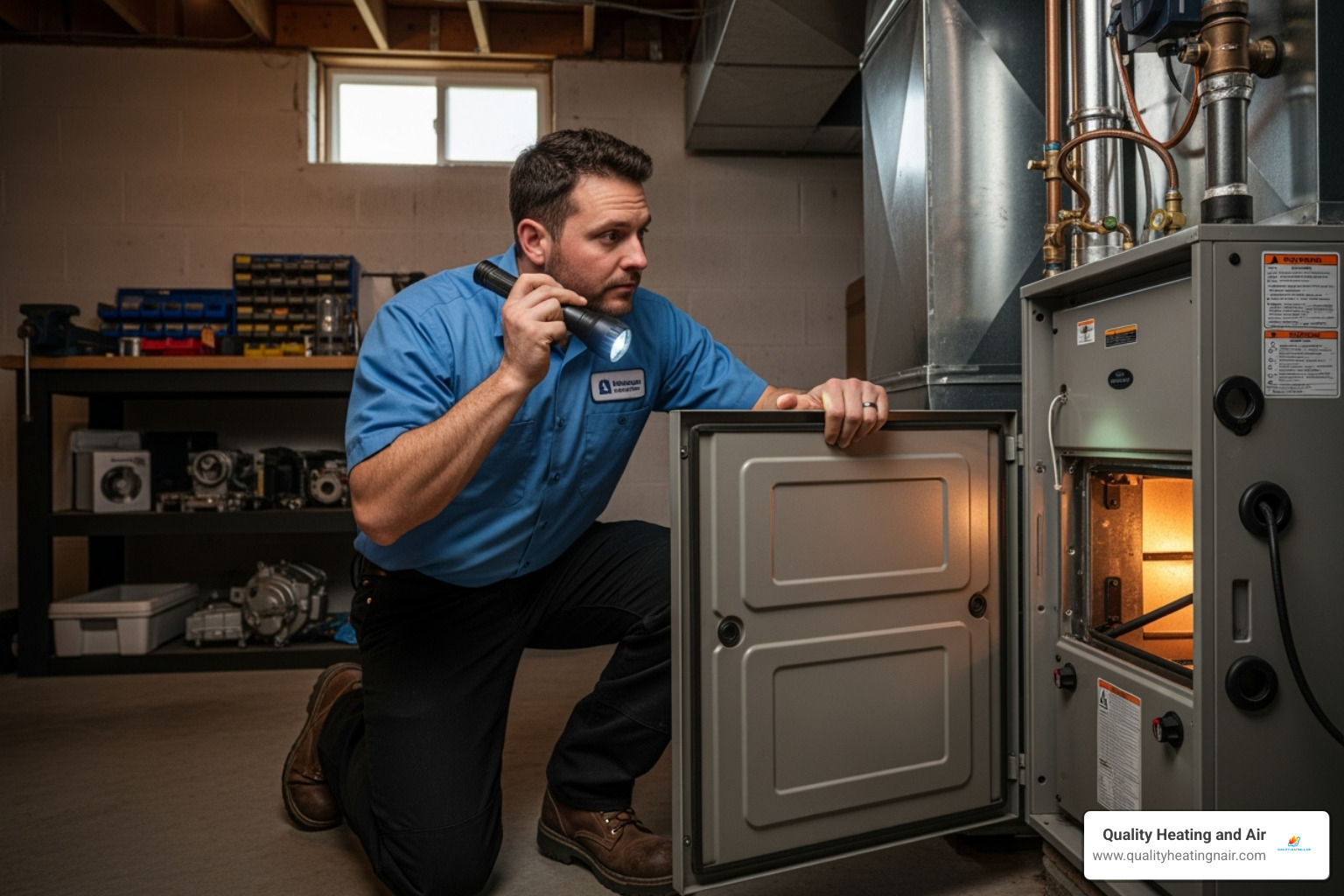 technician inspecting a furnace with a flashlight - furnace maintenance in arvada co