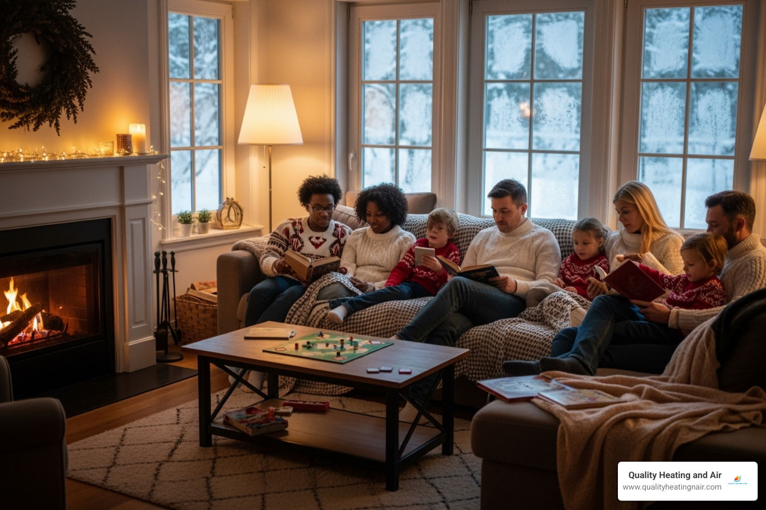 family enjoying a warm living room in winter - best furnace company in thornton co
