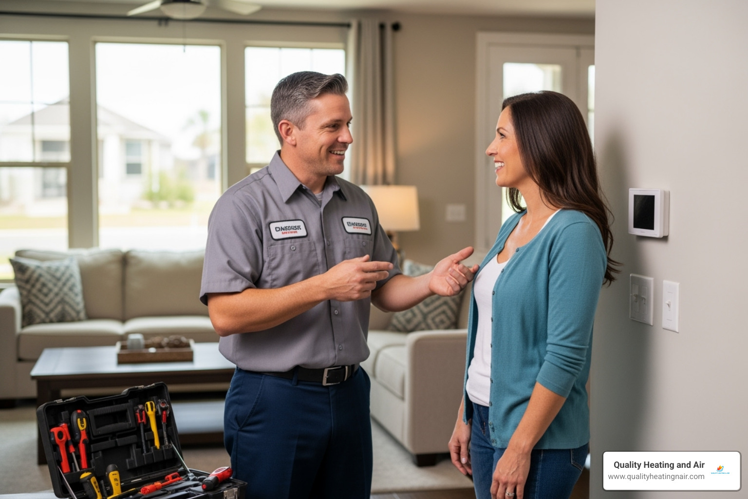 friendly technician talking with a homeowner - best furnace company in thornton co
