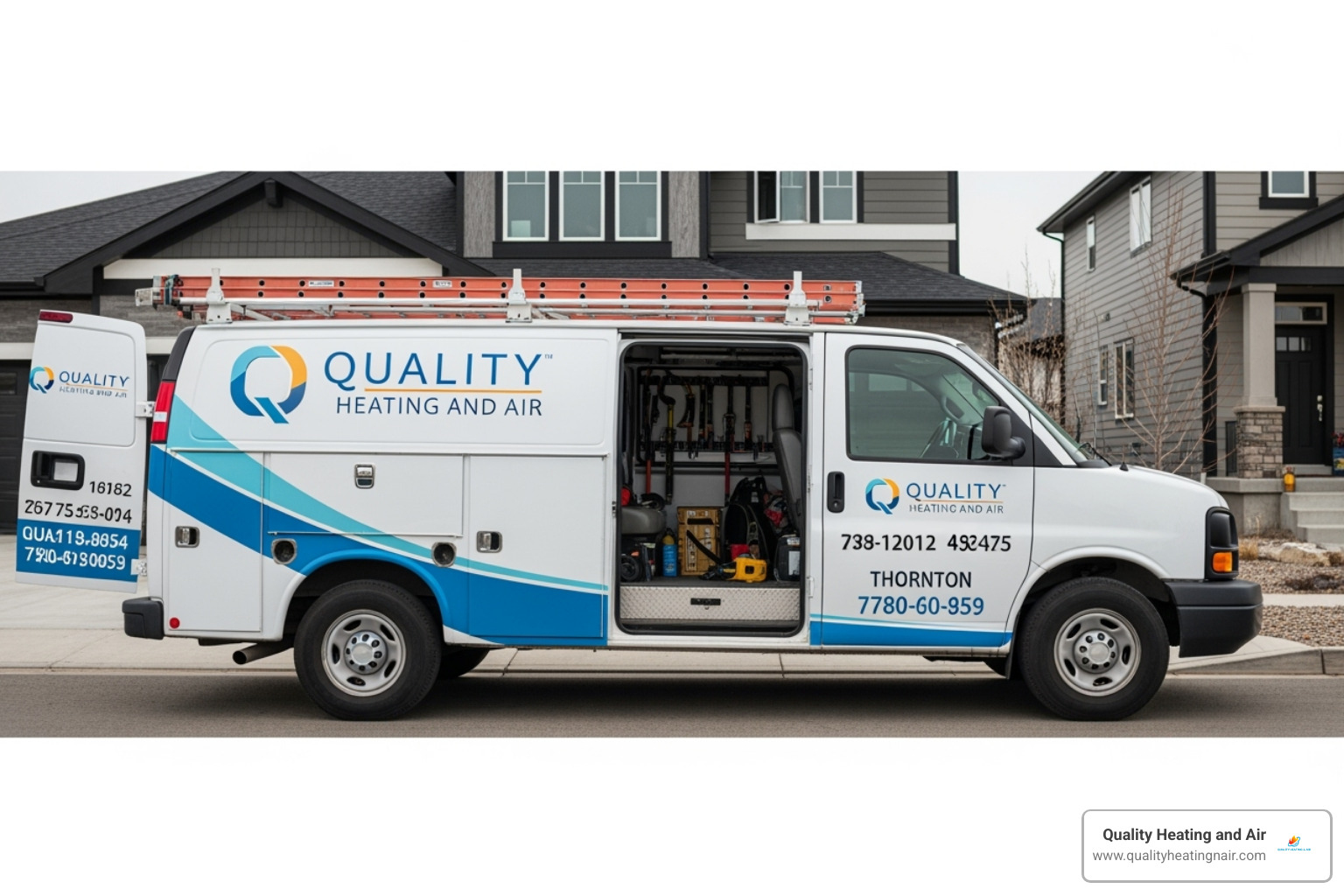 Quality Heating and Air branded service van - best furnace company in thornton co